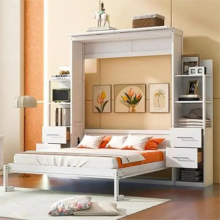 Queen Size Murphy Bed Wall Bed with 2 Shelves, 4 Drawers and LED Lights,Solid Wood Muti-Functional Cabinet Bed for Home Office G