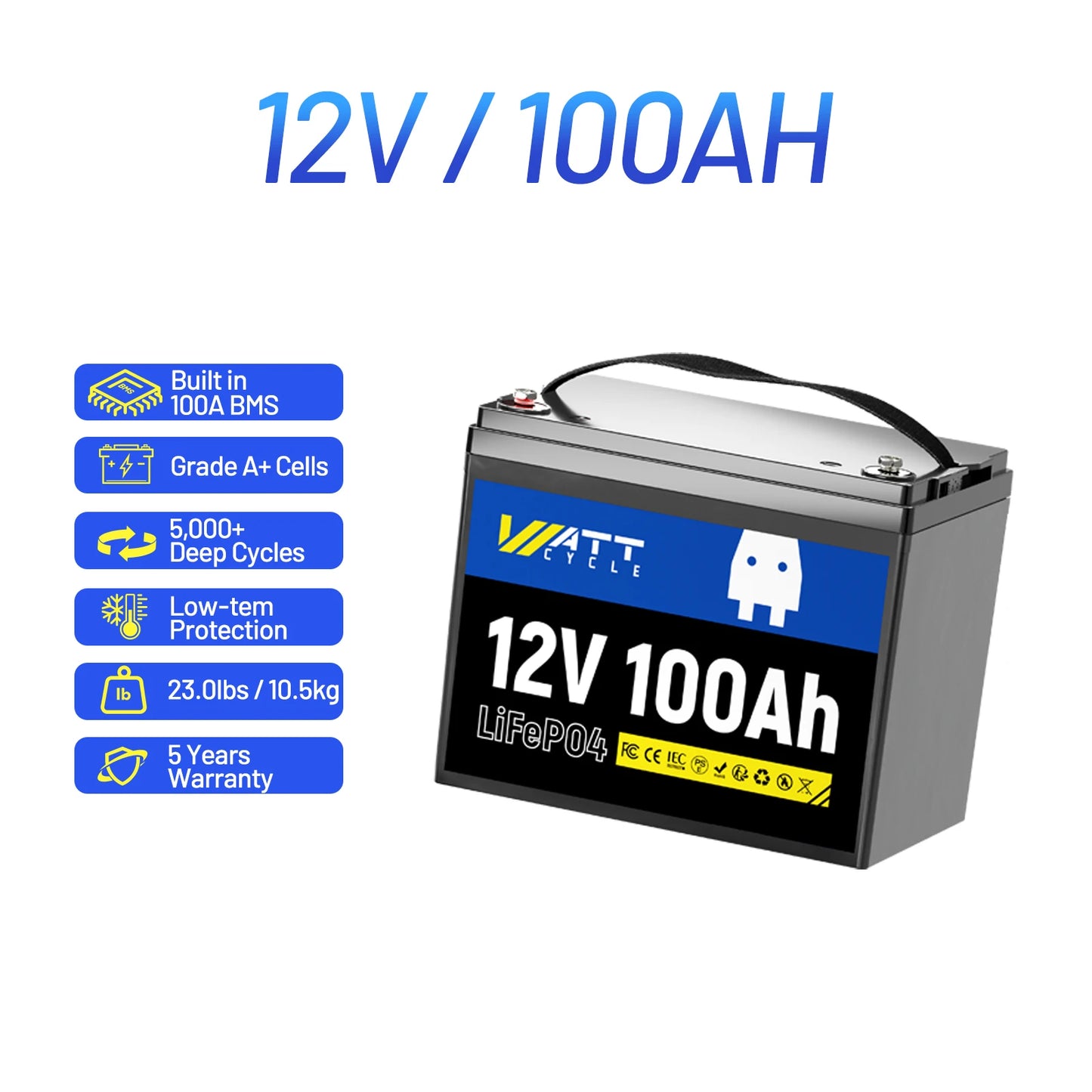 Wattcycle LiFePO4 Battery Packs 12V 100Ah / 200Ah / 300Ah Lithium Iron Phosphate For RV Car Campers Solar Golf Carts Marine, etc