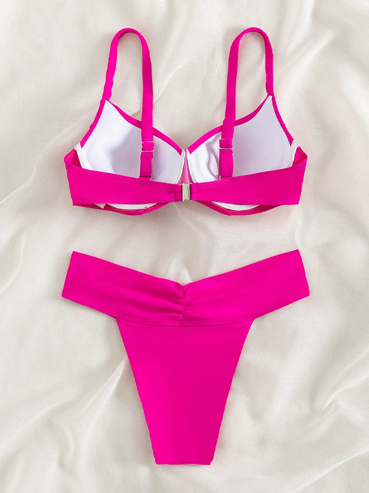 Women's Sexy Pink Strap, High Waist, Cup Push Up, Backless, Beach Bathing Suit