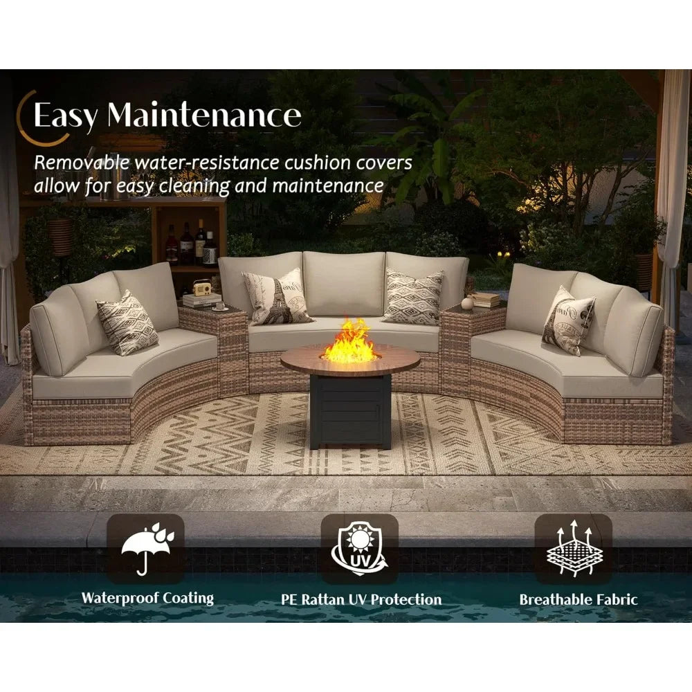 11 Piece Half-Moon Sectional Round Patio Furniture Set Large Storage Wedge Table Wicker Sofa Set