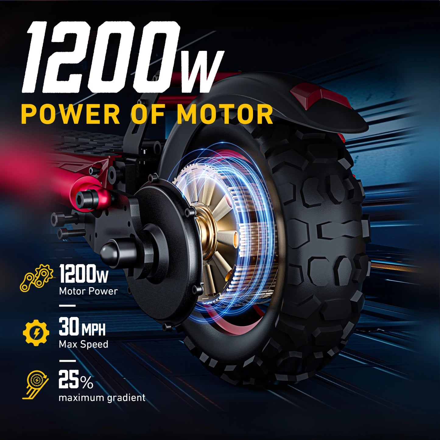 Foldable 1200W Off Road Electric Scooter, 48V 21AH Battery, Max Speed 30 mph, Range 35 Miles