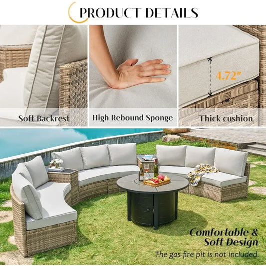11 Piece Half-Moon Sectional Round Patio Furniture Set Large Storage Wedge Table Wicker Sofa Set