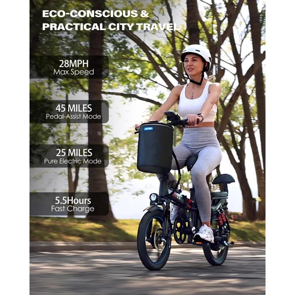 E-bike for adults, maximum 45/60 mile PAS range and 28/32MPH EBike, 16-inch folding e-bike 500W removable battery