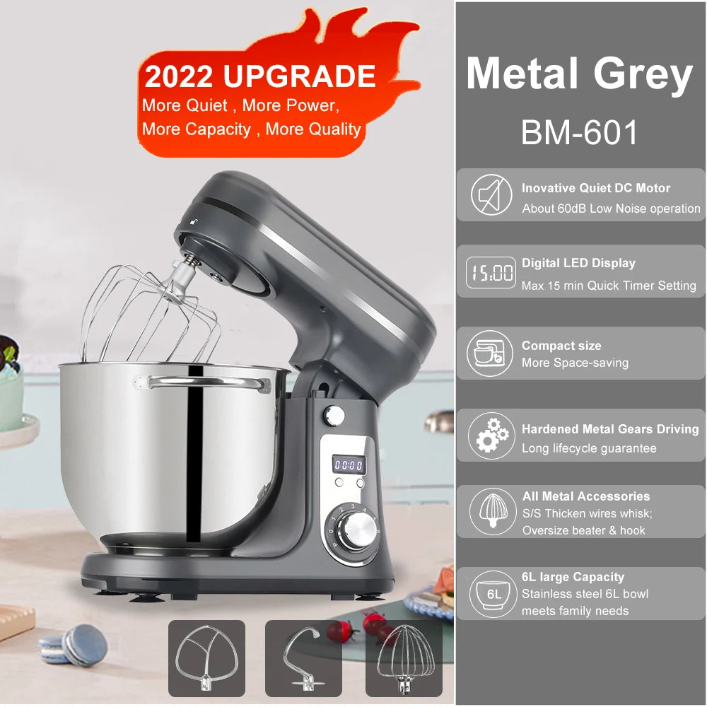 1200w, 6L Kitchen Food Stand Mixer, Blender, Quiet Motor, Cream Egg Whisk, Whip Dough Kneader, 6-Speed, 1200 W, 6 L, DC