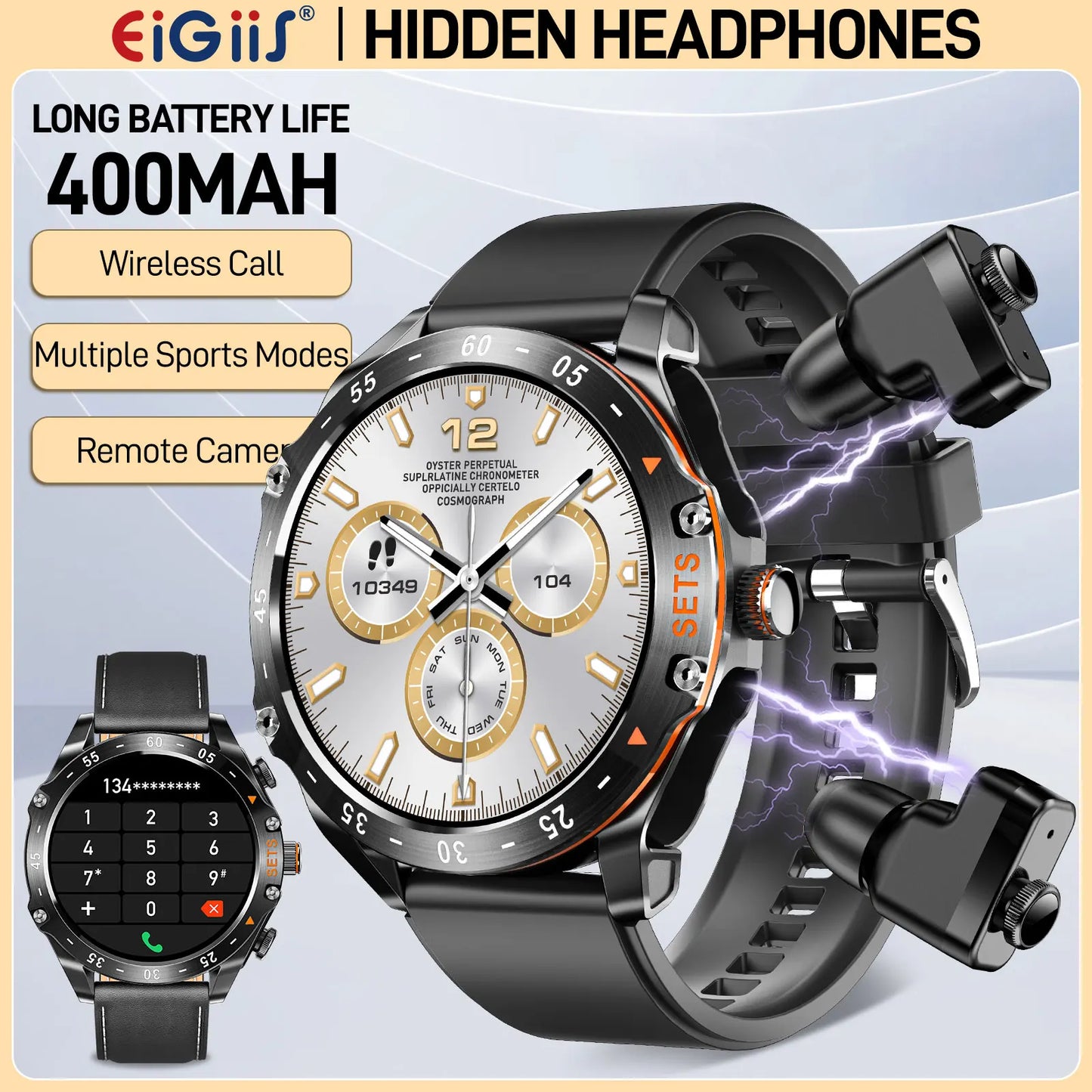 New Mens Smart Watch with Earbuds Inside, with 100+ Sport Modes, Sport Records, Waterproof with iPhone and Android