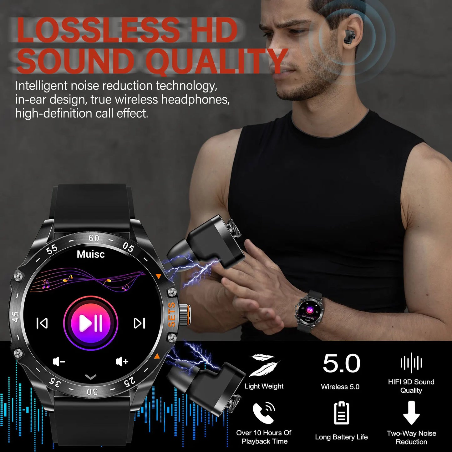 New Mens Smart Watch with Earbuds Inside, with 100+ Sport Modes, Sport Records, Waterproof with iPhone and Android