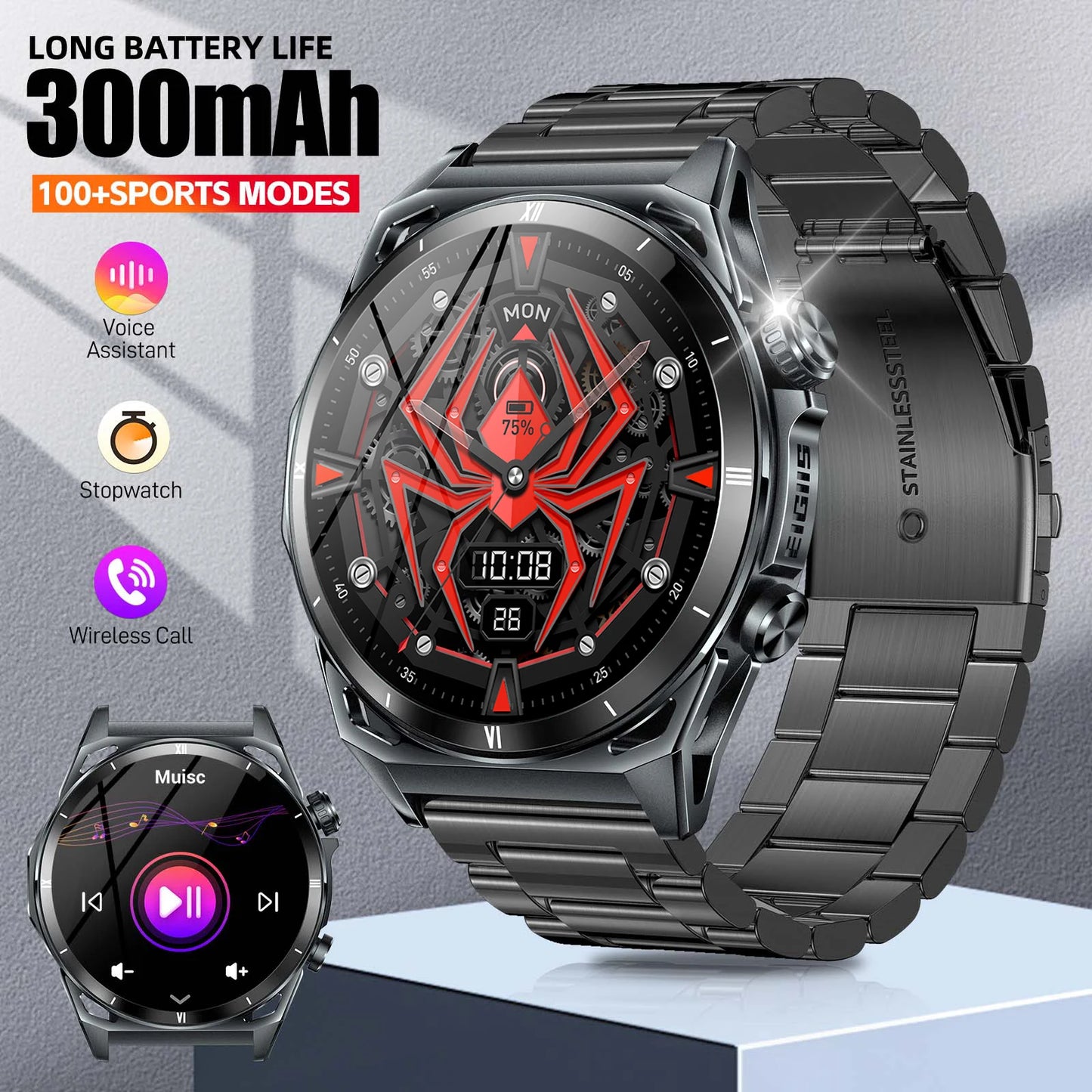 Men's Sport Watch, 1.43 Display, Bluetooth, Health Monitor, Multifunctional