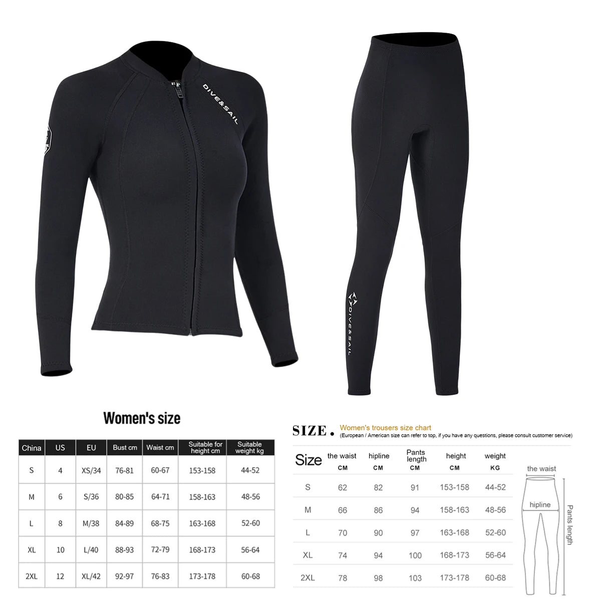 DIVE SAIL 2mm Neoprene Suit, Women Wetsuit, Split Body, Jacket Long Sleeve, Pants Swimsuit