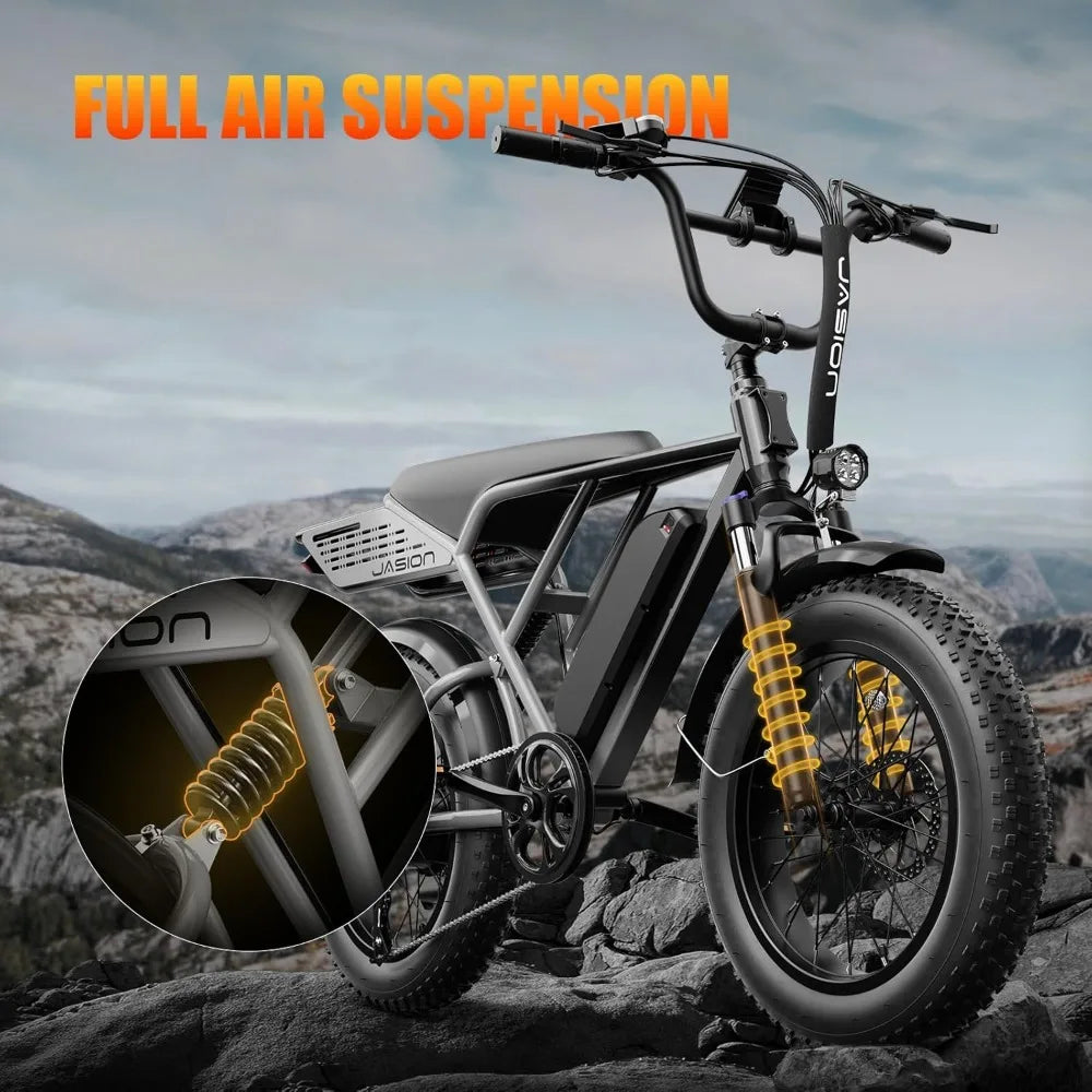 Adult Electric Bike, 1200W Peak Upgrade Motor, Full Suspension, All Terrain, 26" Fat Tires, Certified