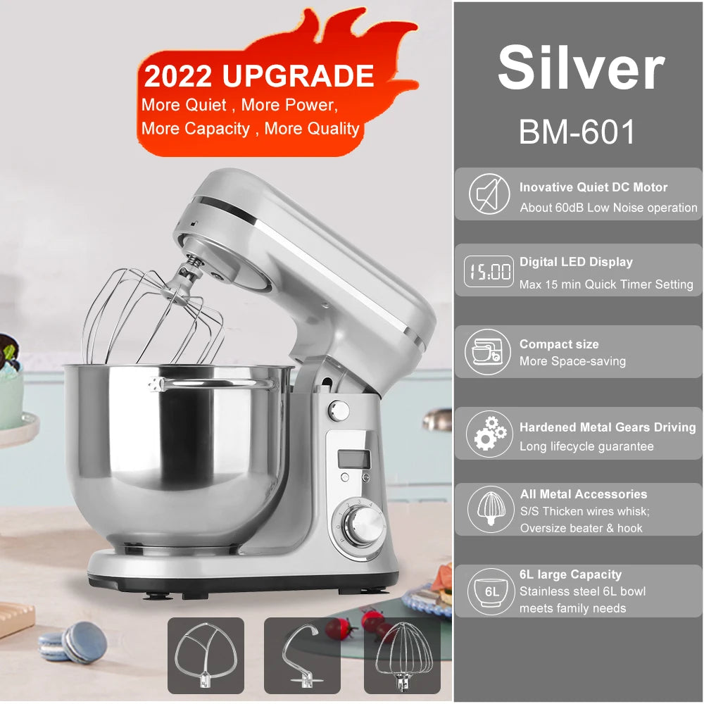 1200w, 6L Kitchen Food Stand Mixer, Blender, Quiet Motor, Cream Egg Whisk, Whip Dough Kneader, 6-Speed, 1200 W, 6 L, DC
