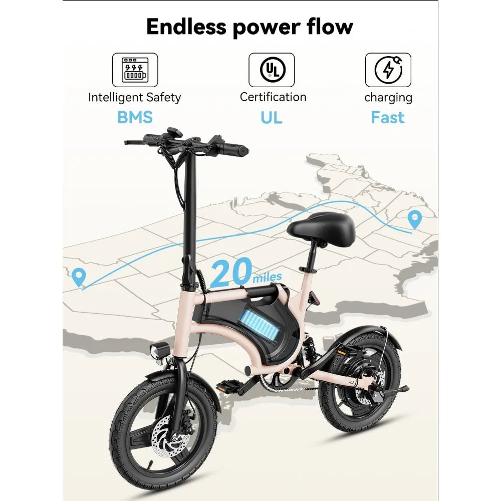 Electric Bike for Adults & Teens with 600W Peak Motor, 20mph, 20 Miles Range, 14'' Folding, Rear Suspension Saddle