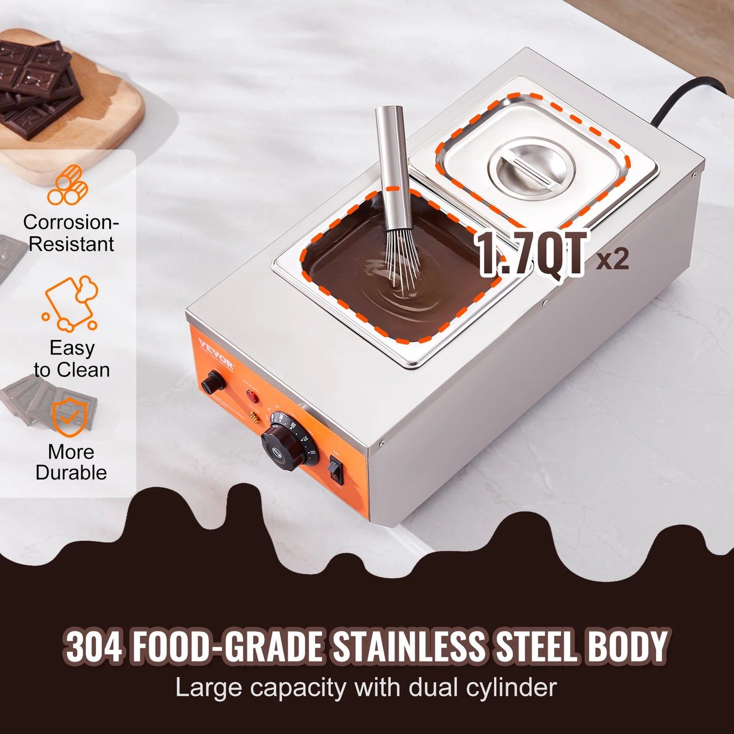 2 Tanks Electric Chocolate Tempering Machine,  Chocolate Cascade Melting Pot, for Kitchen