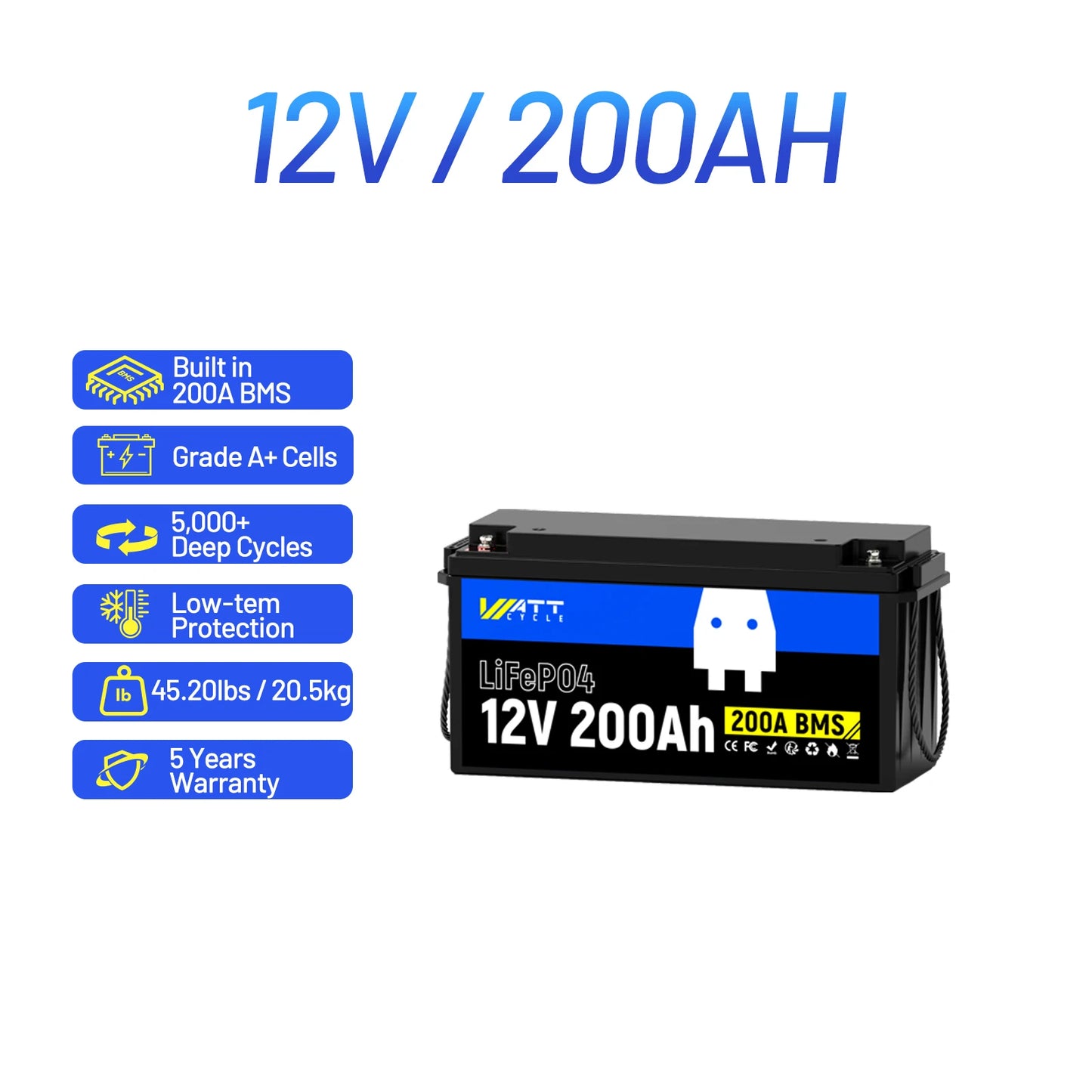 Wattcycle LiFePO4 Battery Packs 12V 100Ah / 200Ah / 300Ah Lithium Iron Phosphate For RV Car Campers Solar Golf Carts Marine, etc