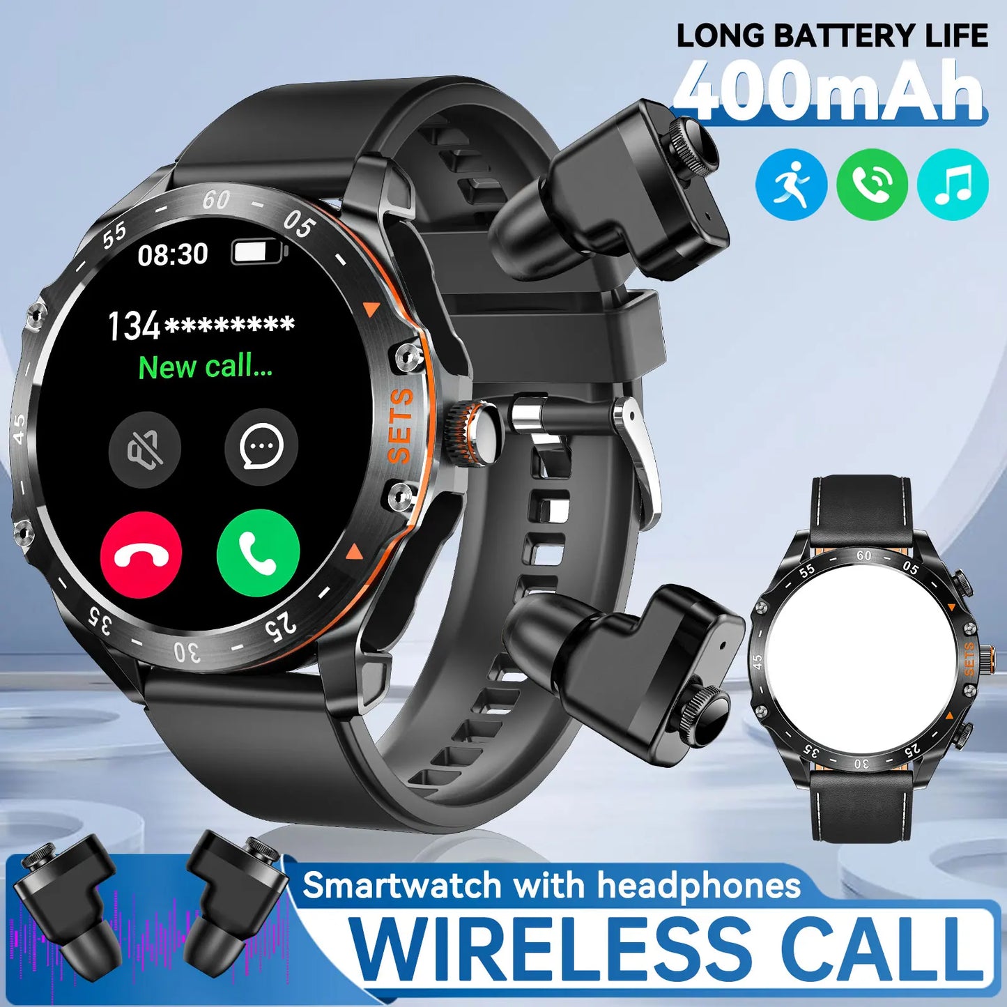 New Mens Smart Watch with Earbuds Inside, with 100+ Sport Modes, Sport Records, Waterproof with iPhone and Android