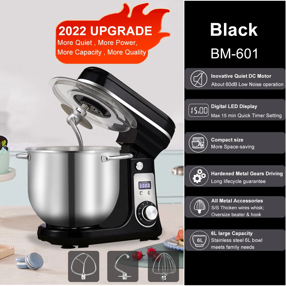 1200w, 6L Kitchen Food Stand Mixer, Blender, Quiet Motor, Cream Egg Whisk, Whip Dough Kneader, 6-Speed, 1200 W, 6 L, DC