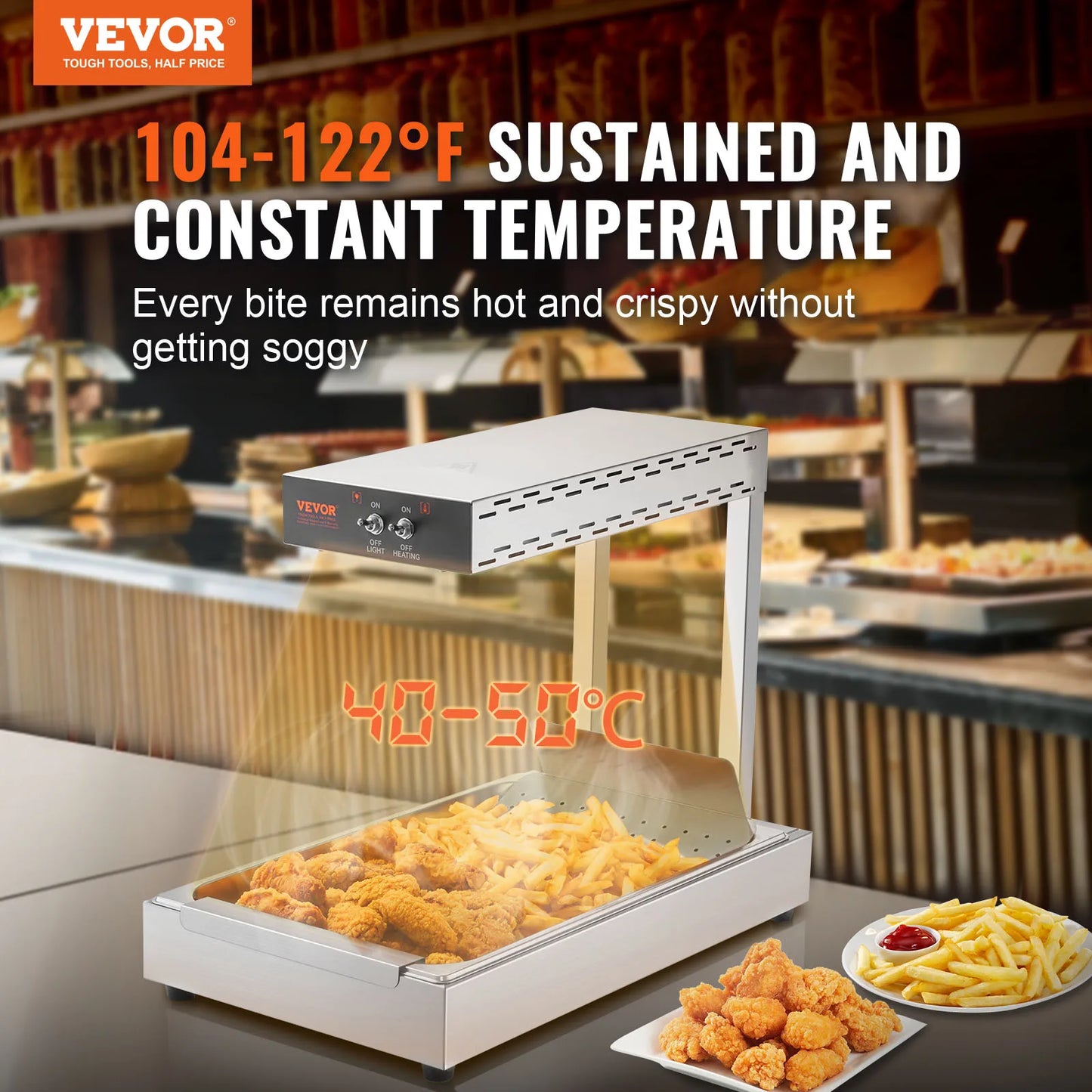 Commercial French fry Food Warmer, Countertop Food Heating, 104-122 deg, French fries, Buffet, Kitchen, Restaurant