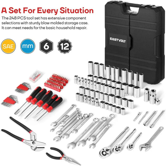 248 pc Mechanics/General Tool Set, Mixed Sockets and Wrenches, Auto Repair Tool Kit with Storage Case
