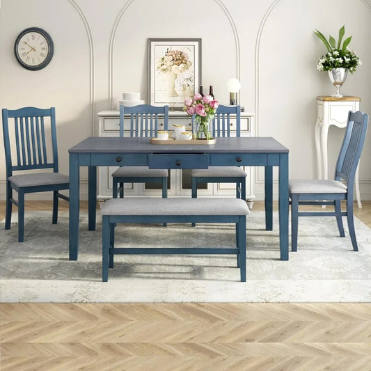 6 Pc Solid Wood FarmHouse Dining , Bench Chairs w/Drawers, upholstered Seating.