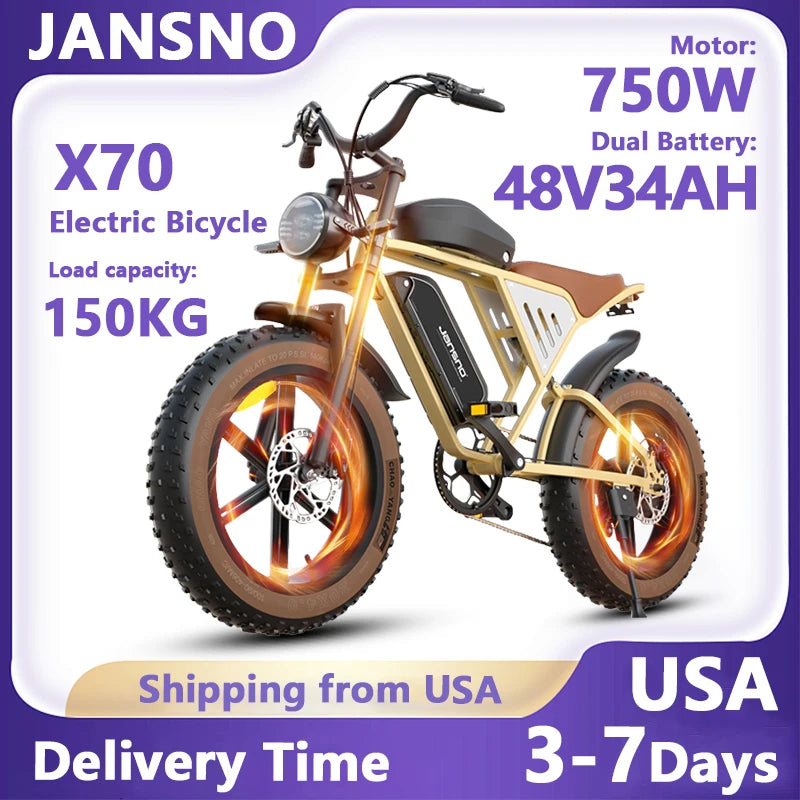 Electric Mountain Bike, 750W Motor, 48V 34AH Dual Battery, 4 inch Fat Tire