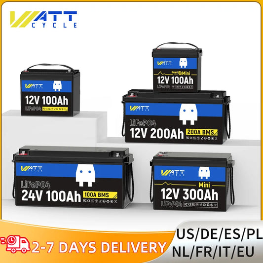 Wattcycle LiFePO4 Battery Packs 12V 100Ah / 200Ah / 300Ah Lithium Iron Phosphate For RV Car Campers Solar Golf Carts Marine, etc