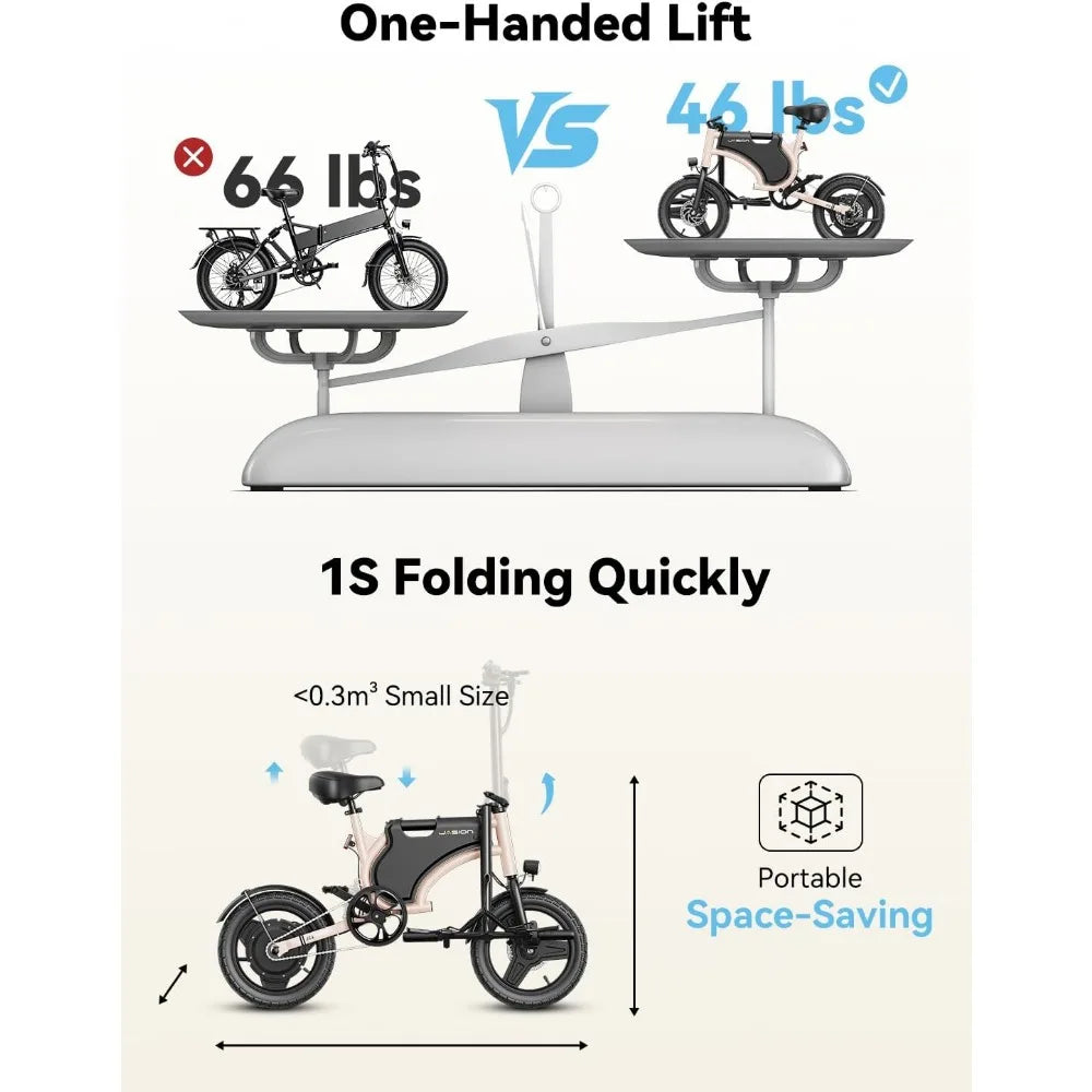 Electric Bike for Adults & Teens with 600W Peak Motor, 20mph, 20 Miles Range, 14'' Folding, Rear Suspension Saddle